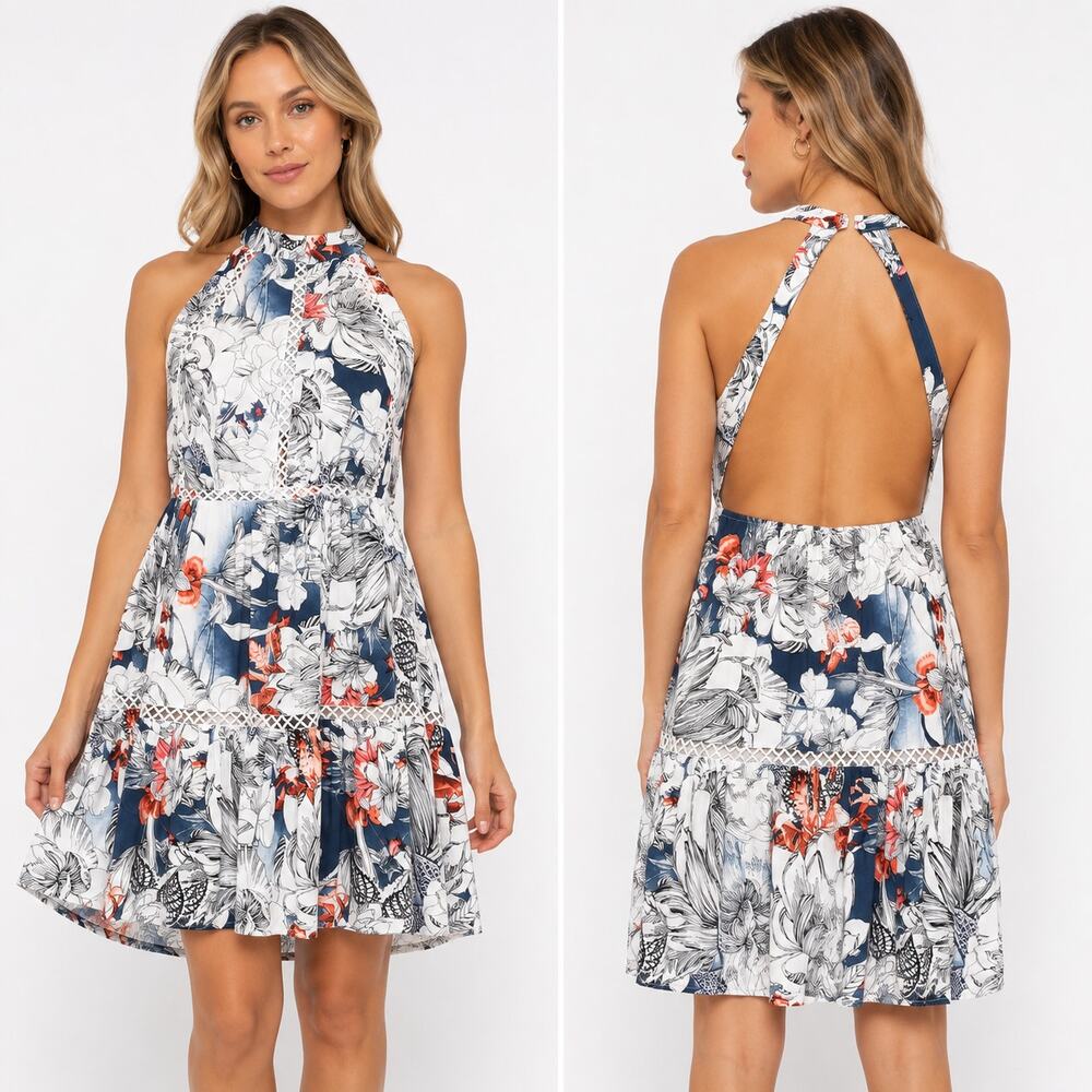 Jaase Australian Multicolor Floral Print High Neck Open Back Lace Detail Dress